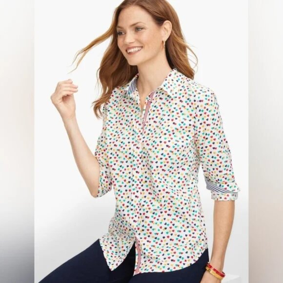 Talbots Multicolor Heart Pattern Cotton Button Down Top - Picture 2 of 13